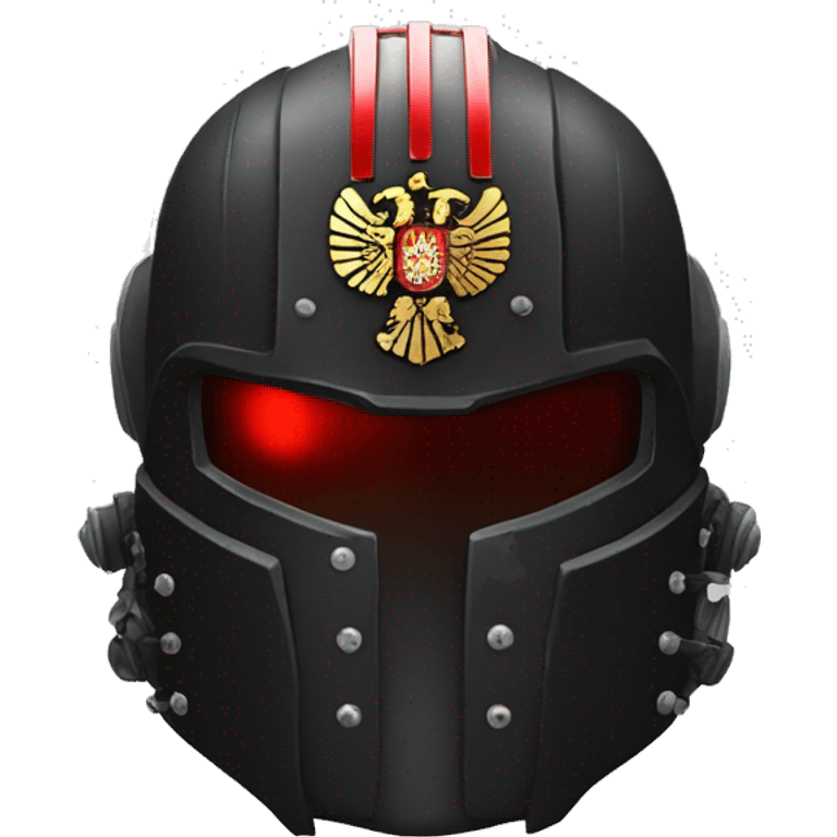 Black Space Marine helmet with red lenses, featuring the Russian coat of arms. emoji