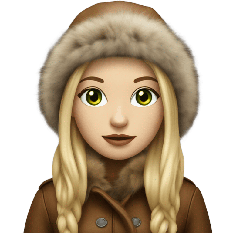 Realistic White girl with Long straight blonde hair, green eyes, tattoos, full body wearing Brown fur coat and fur hat and Brown leather boots emoji