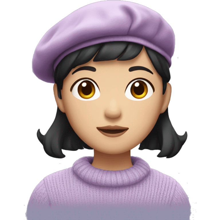 korean girl short black hair sharp jawline, attractive wearing a lilac sweater and beret emoji