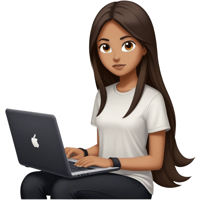 beautiful girl,  with long dark brown hair, straight hair, with laptop,white tan black shirt and black pants and white snickers nike emoji