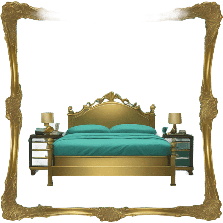 eighties bed with teal sheets and gold brass frame emoji