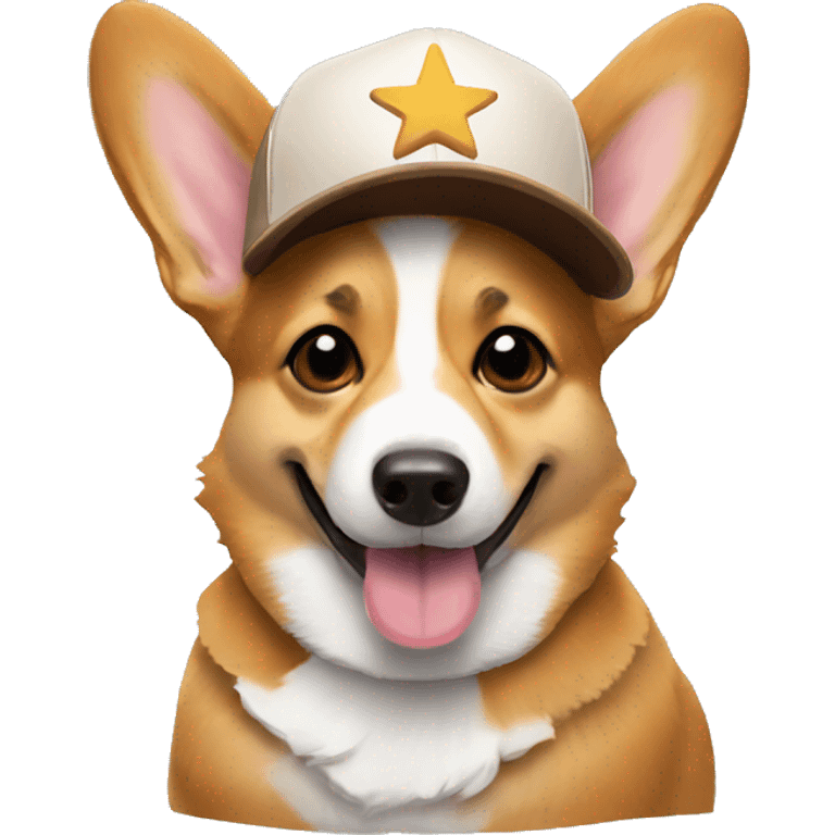 corgi wearing a brown baseball cap with a star hat and shades emoji