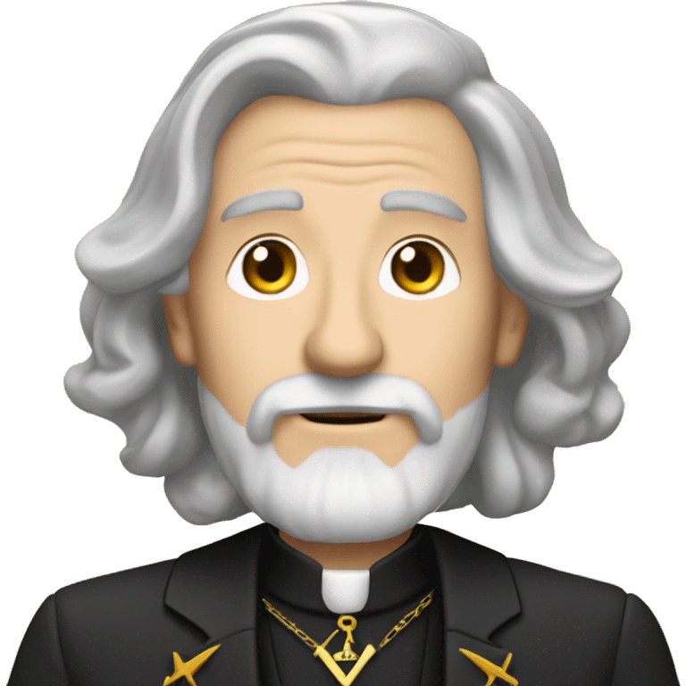 60 year old Caucasian male with grey hair and a grey goatee beard wearing a black dinner suit with a Masonic emblem. emoji