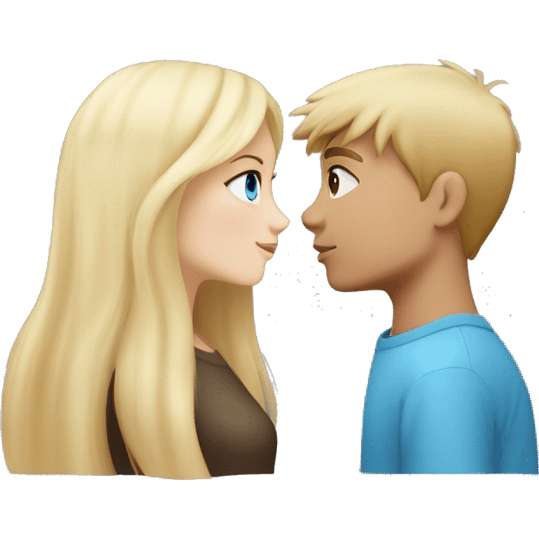 Girl with long back hair with bangs and tan skin kissing a boy with blonde hair blue eyes and white skin emoji