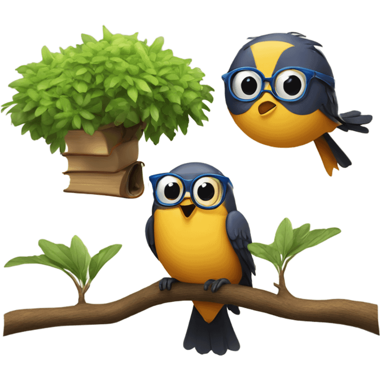 two birds in a tree but another bird wearing glasses and with a book emoji