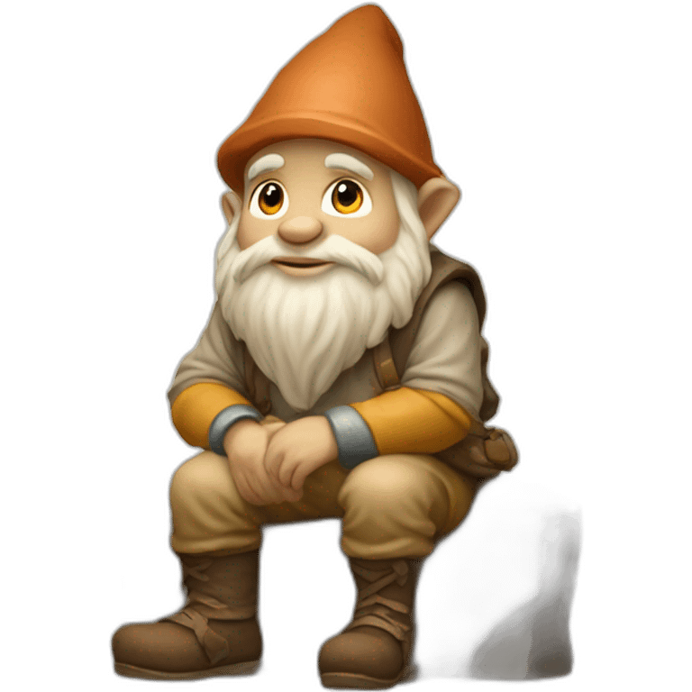 side view of gnome with light tan pants sitting above a small brown stone emoji