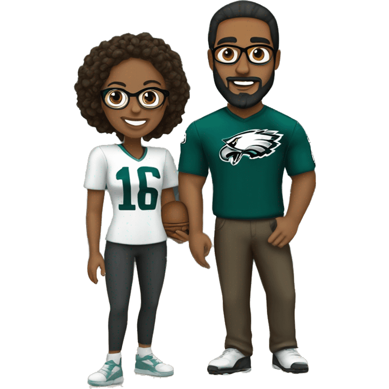 Brown guy with no glasses with a beard and mustache holding a brown girl wearing glasses and hair in a bun wearing Philadelphia eagles clothing emoji