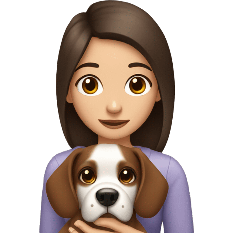 brunette girl, brown eyes , holding her phone in one hand and a dog in the other emoji