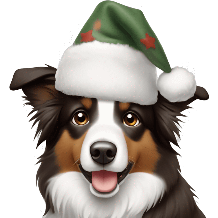 Bordercollie mit braunen und grauen stellen im weißen Gesicht. Spitze Ohren Ohren weis gesicht unterer Teil braun grau. Hat weihnachtsmütze auf  emoji