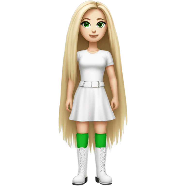 Realistic White girl with Long straight blonde hair, green eyes, tattoos, full body wearing white dress and pink knee-high leather boots, posing emoji