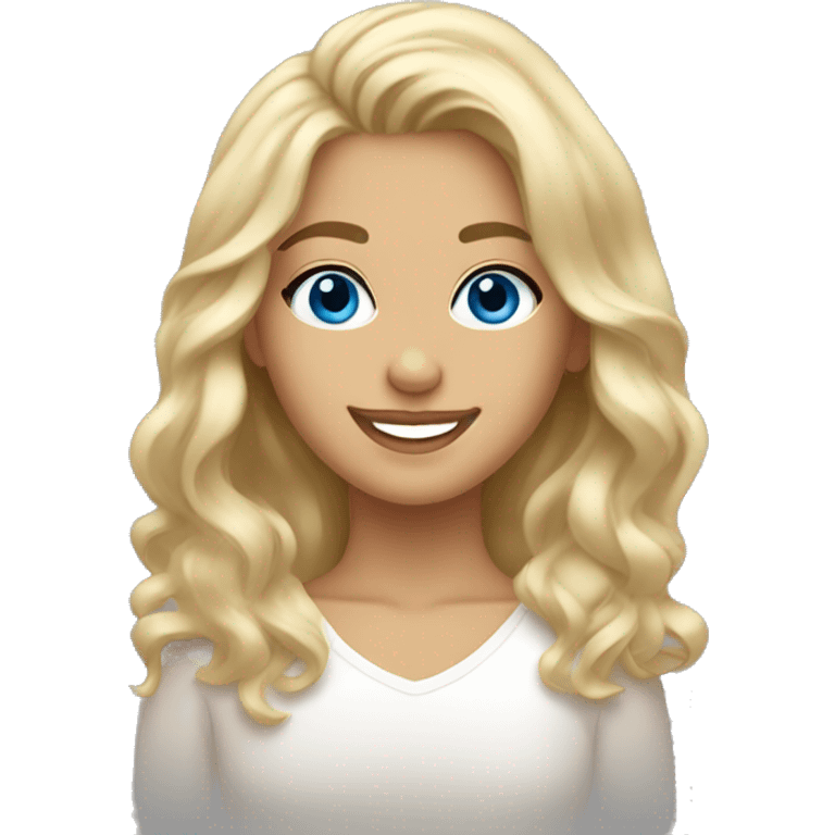 tan blond girl smiling, blue eyes, long eyelashes, wavy haircut  emoji