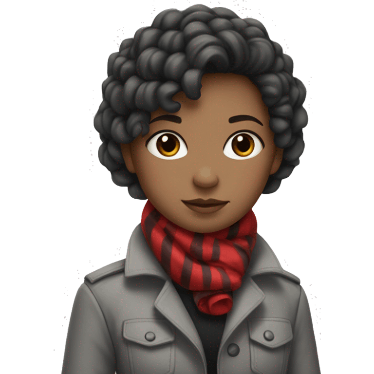 A girl with black gathered hair. A white shirt and a grey jacket. around the neck is a scarf of dark gray flowers with white and red stripes emoji