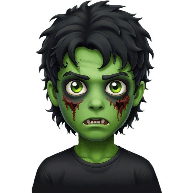 boy zombie with black curly hair mullet with green skin with black shirt emoji