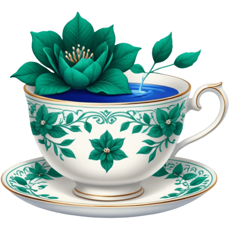 A delicate teacup with an intricate vintage emerald green floral design, set beside a love letter with deep blue ink. emoji