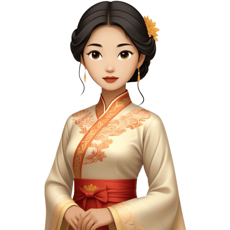 Cinematic Realistic Áo Dài Portrait Emoji, depicted as an elegant traditional Vietnamese dress with flowing graceful lines and delicate patterns, rendered with rich textures and soft ethereal lighting that captures its timeless beauty. emoji