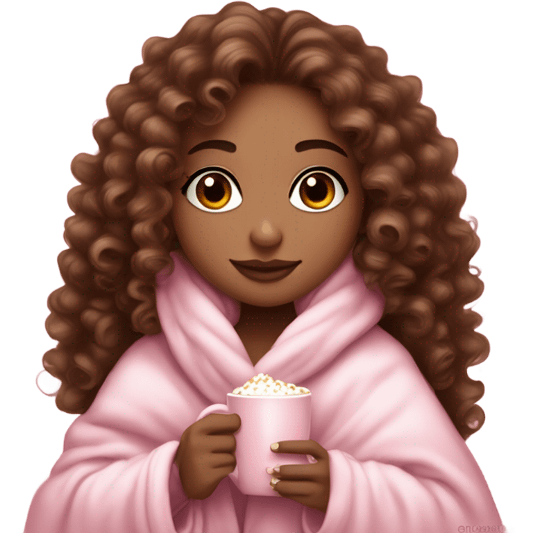 Light skin girl  with brown curly hair under our pink blanket,make her look like a young  make it so you can see the curly hairsipping hot cocoa with marshmallows, cuddled around the blanket, long curly hair, long, medium lashes emoji