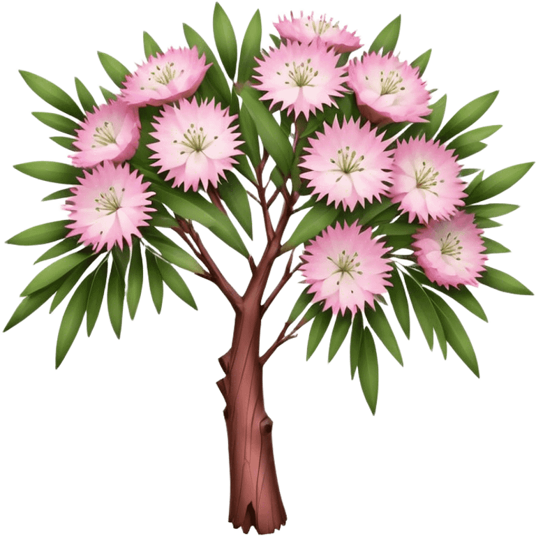 Cinematic Realistic Melaleuca Emoji, Elegant and resilient, with peeling, papery bark and delicate, needle-like leaves. The tree stands tall and graceful, with clusters of white and pink flowers dotting the branches. Soft glowing outline, capturing the essence of natural elegance and resilience in a beautiful melaleuca tree! emoji