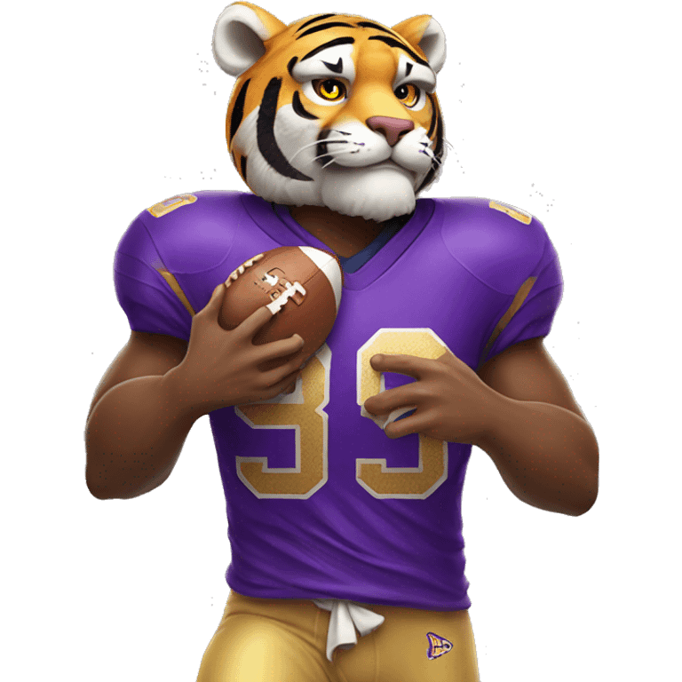 tiger wearing a purple/gold jersey holding a football emoji