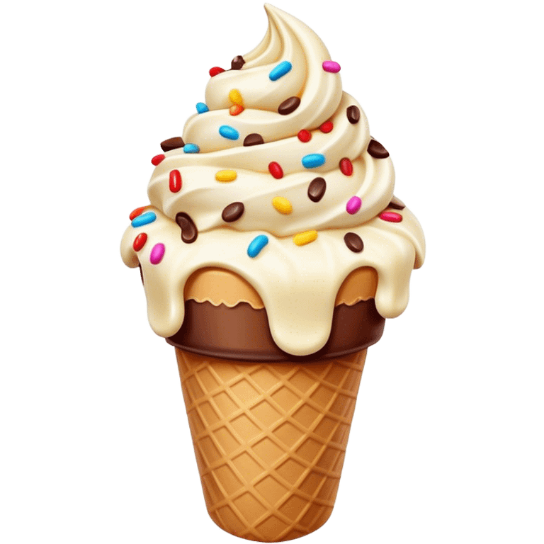 Cinematic scoop of rich, creamy ice cream, slightly melting, smooth swirls of chocolate and vanilla, colorful sprinkles on top, warm glowing background, playful and inviting. emoji