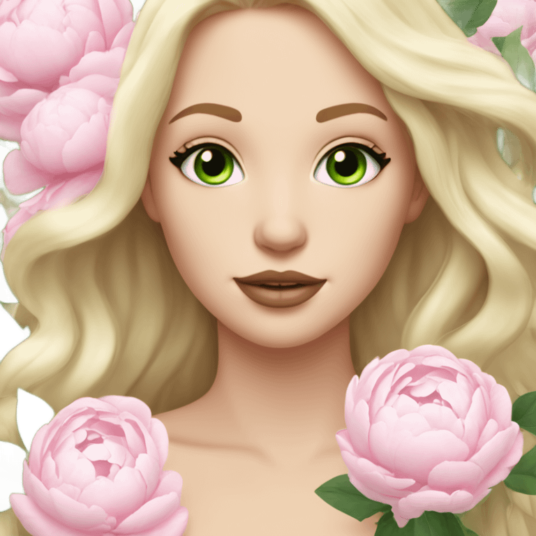 White girl with long light blonde hair and green eyes with light pink peonies in hair white skin light pink lips emoji