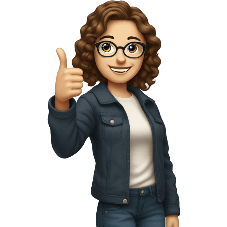 25 year old girl with brown wavy hair and a few light freckles, blue eyes, wearing round glasses, giving a thumbs up emoji