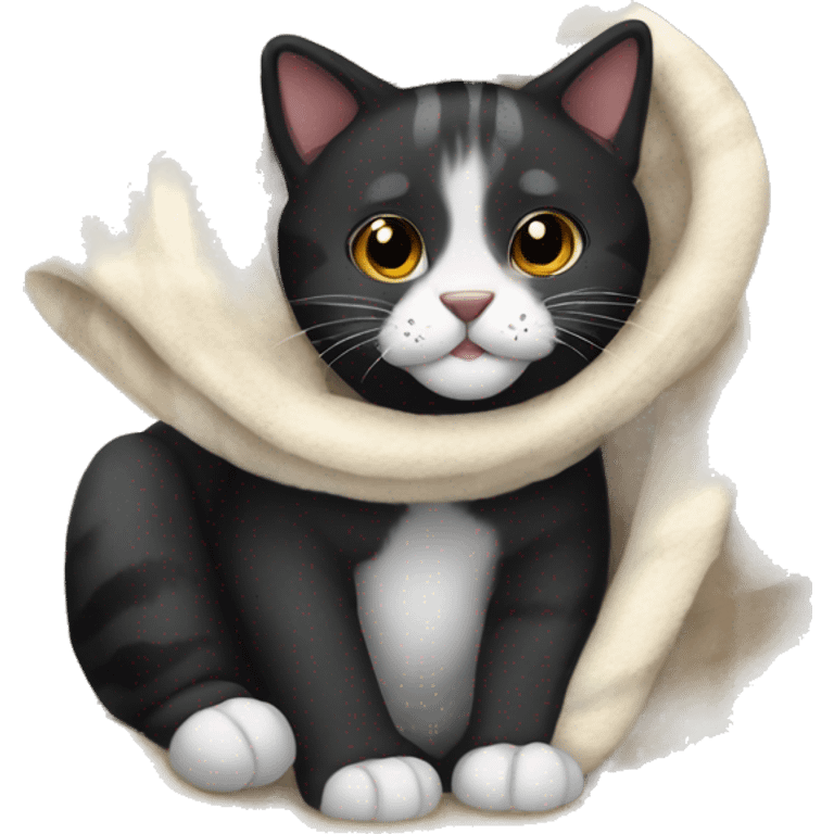 Black tiger cat with white mouth, white neck, with a cozy blanket emoji