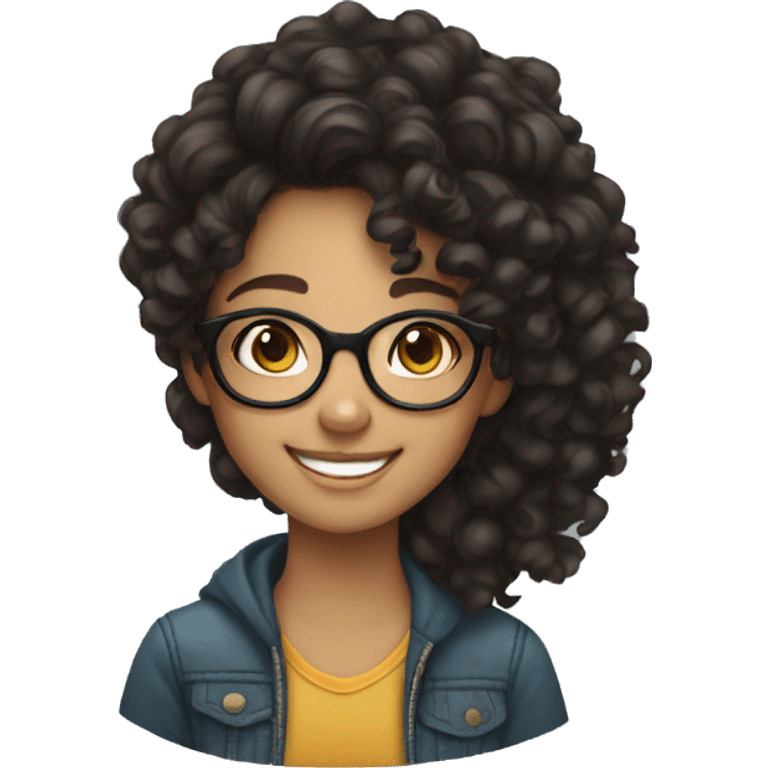 smiling brown teenager girl with long black curly hair and round glasses emoji