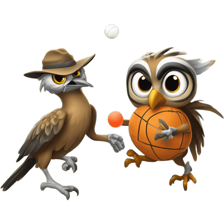 Roadrunner and owl playing pickleball fun emoji