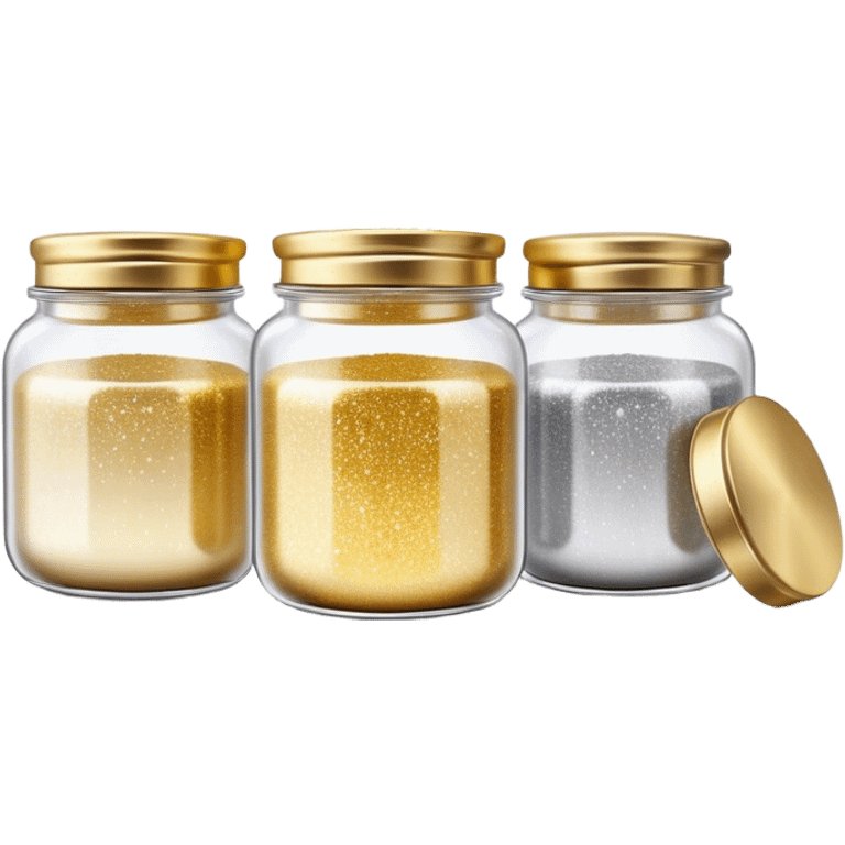 Cinematic Realistic Glitter Jars, elegant glass containers filled with ultra-fine shimmering gold and silver dust, light catching the tiny specks in a mesmerizing glow, slightly open lids revealing the rich, sparkling texture inside, set against a softly blurred background, radiating a sense of enchantment and wonder. emoji