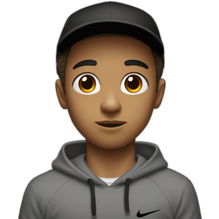 light brown boy with hair until his ears wearing a black nike cap and nike hoodie and black pants medium eye opening trying to think emoji