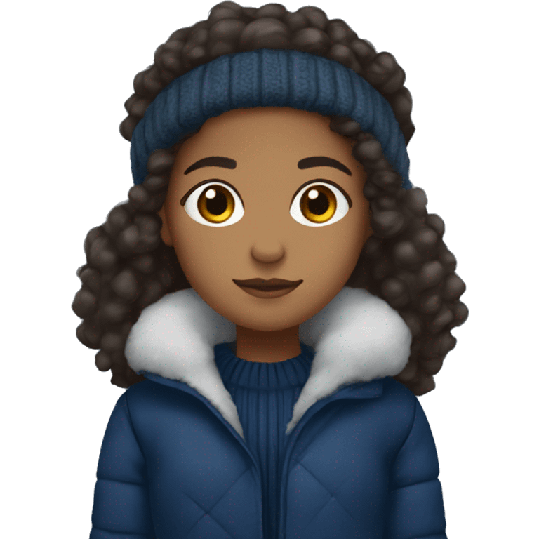 winter, christmas, hispanic, afro hair,  girl, brown eyes, child, full body, dark blue winter sweater, coat, headband emoji