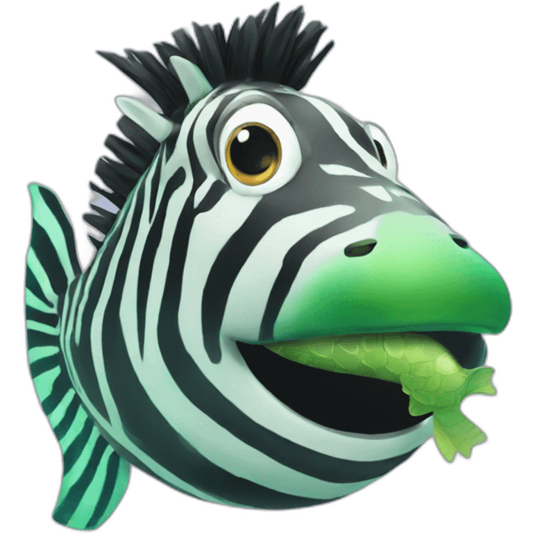 a big zebra is watching a green fish emoji