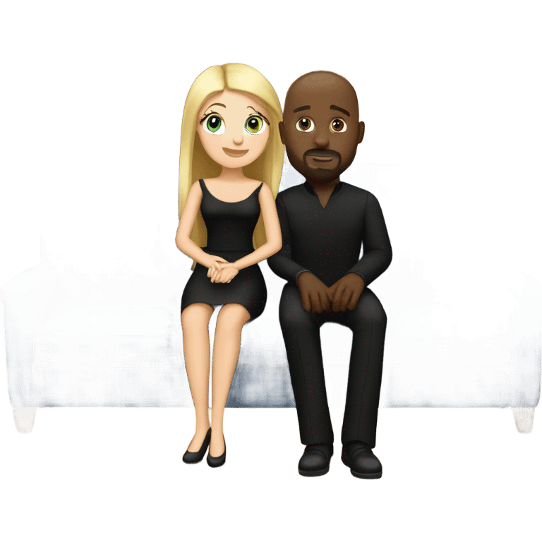 Blonde woman with blue eyes and long straight hair wearing a short black dress and a black man who is bald with a goatee seated together on a sofa enjoying a loving kiss.   emoji