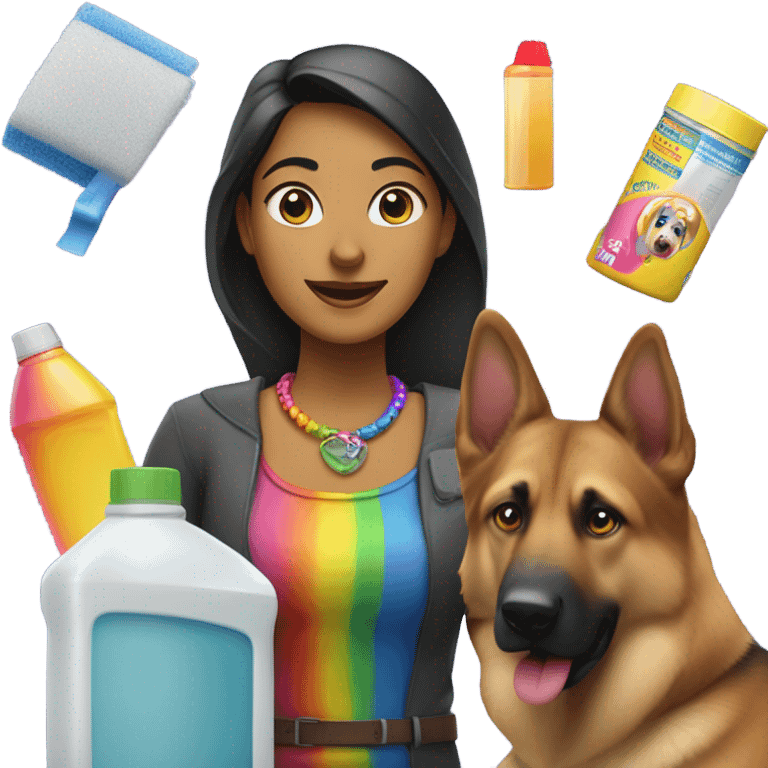 Indian woman with an excessive amount of cleaning supplies and German shepherd with rainbow collar emoji