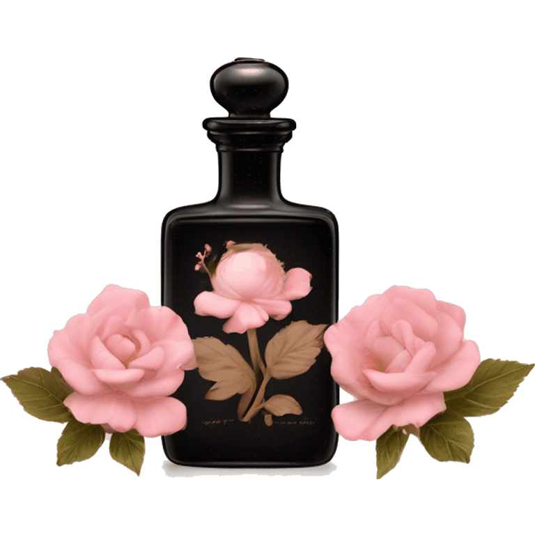 Two English vintage glass perfume bottles from my aristocratic grandmother, exquisite bottle shape, old and shabby, with label, stylish and minimalistic, black and brown with pink gradient, with little herbal and flowers  emoji