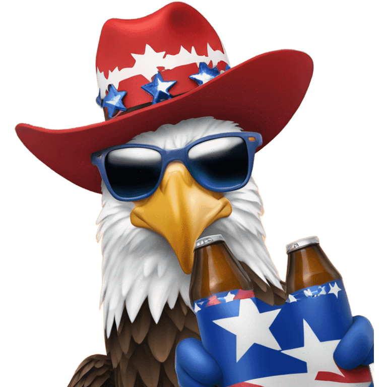 Donald Trump with a red white and blue cowboy hat with an explosion in the background and a bald eagle on his shoulder and he’s holding a beer emoji