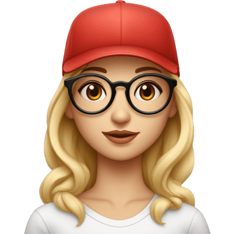 Une fille avec une casquette rouge et une paire de lunette ronde, elle a les yeux plus petit que la norme et elle est mignonne, elle a la peau blanche  emoji