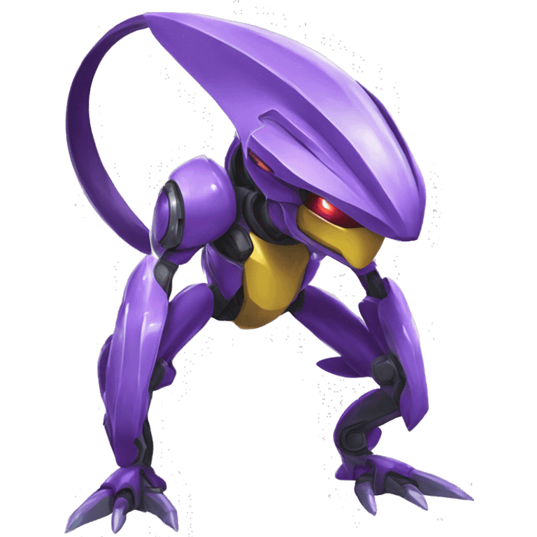 a shiny Genesect-Raptor-Fakémon—hybrid with a futuristic visor-helmet full body emoji