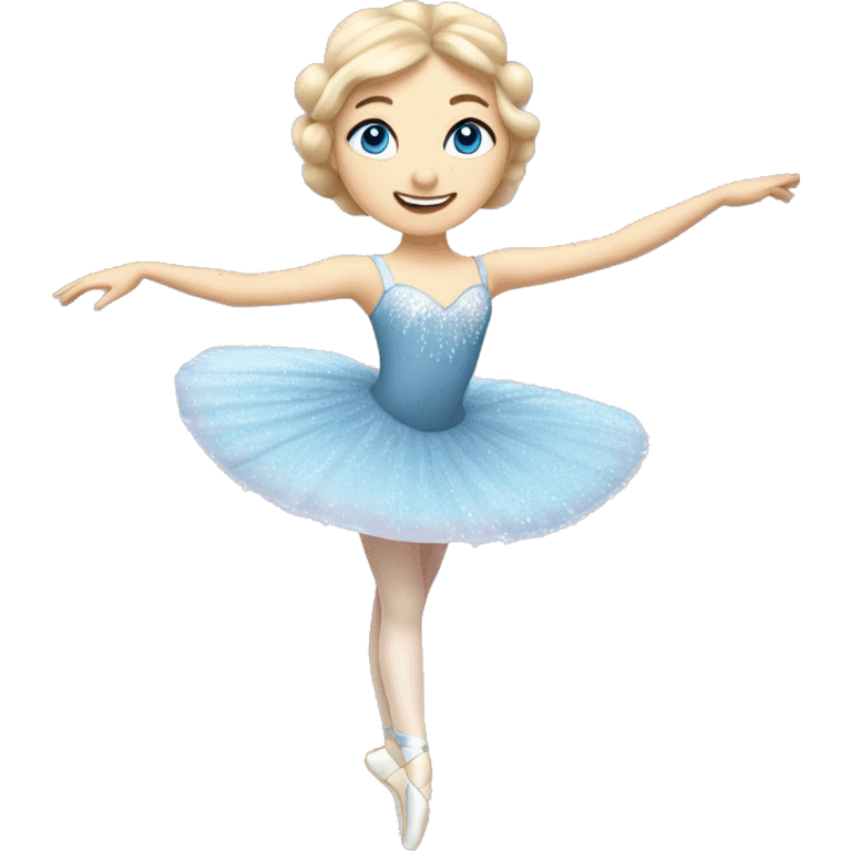 A sugar plum fairy ballerina performing in the nutcracker ballet. she has blue eyes, blonde hair, and pale skin. She is dancing ballet emoji