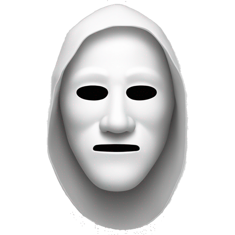 Man wearing white mask with black eyes and a line mouth emoji