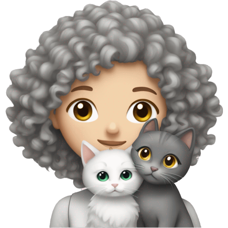 White Girl curly hair cuddling with grey cat emoji