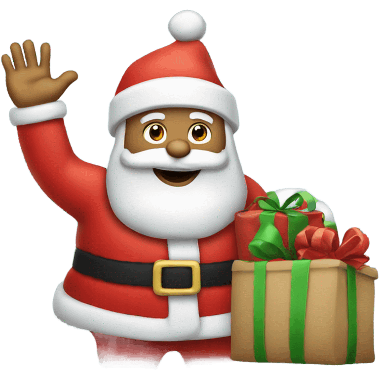 Santa Claus waving with his left hand and holding a sack of presents with his right hand emoji