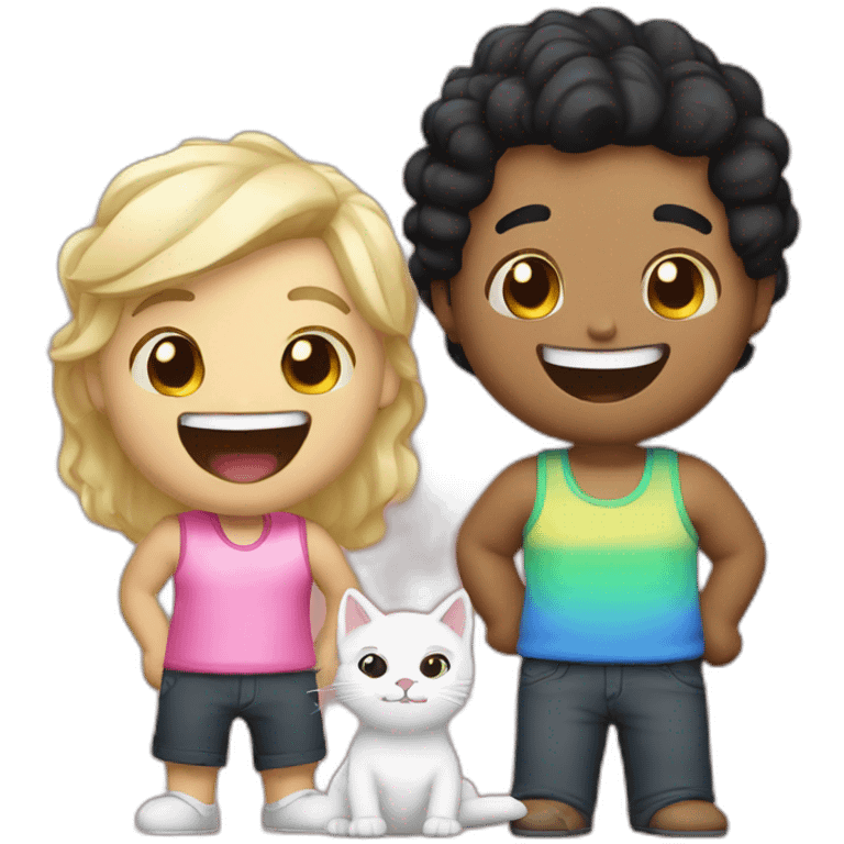 Gay male couple, 1 Latino black hair the other one Australian blonde hair with a cat in the middle laughing full body emoji