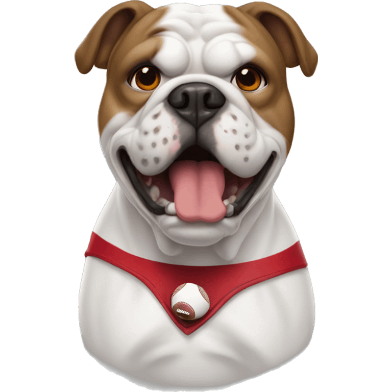 white Georgia bulldog with a football and a red collar  emoji