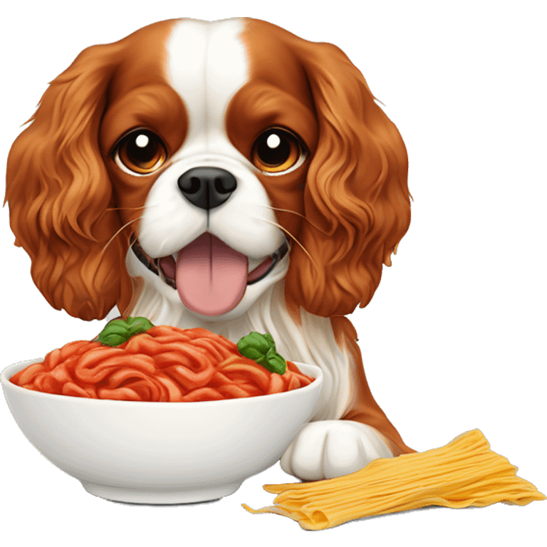 Cavalier King Charles spaniel eating pasta al pomodoro  emoji