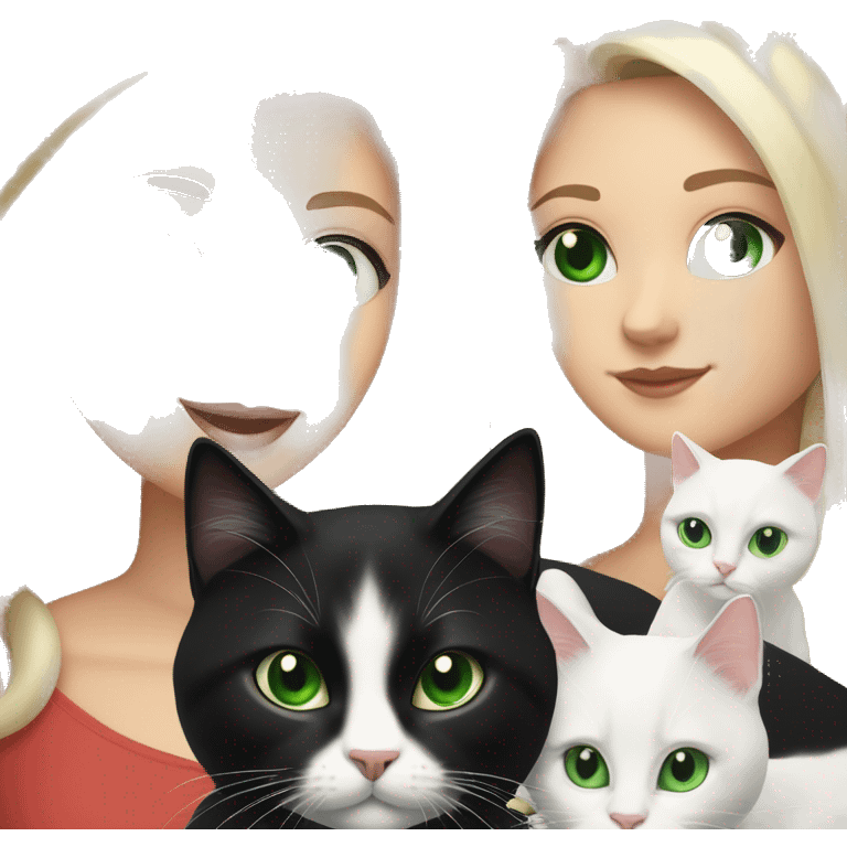 White Girl Black shoulder length hair Green Eyes with 2 cats, one white Cat and black Details on the Head and the other cat is a norwegian cat emoji