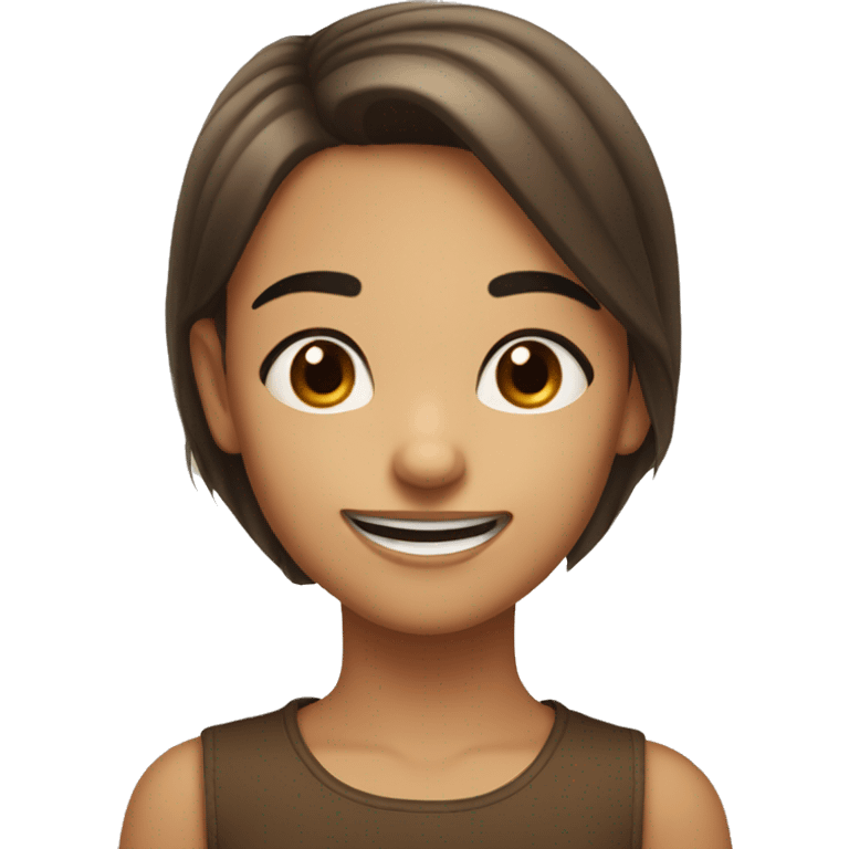 The girl is smiling sweetly; she has crooked upper teeth (with canines pointing forward), straight brown hair, brown eyes, black eyebrows, a snub nose, and is very cute. emoji