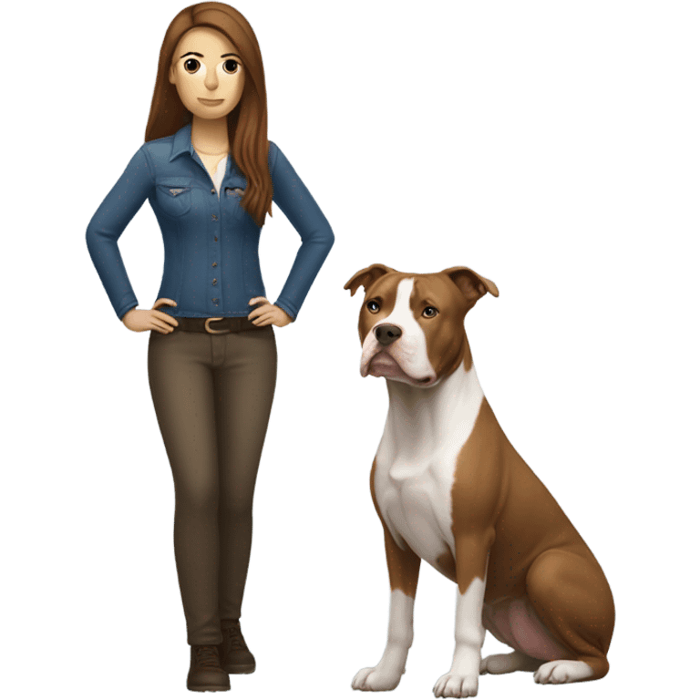 white woman with straight long brown hair standing alongside a white pitbull emoji