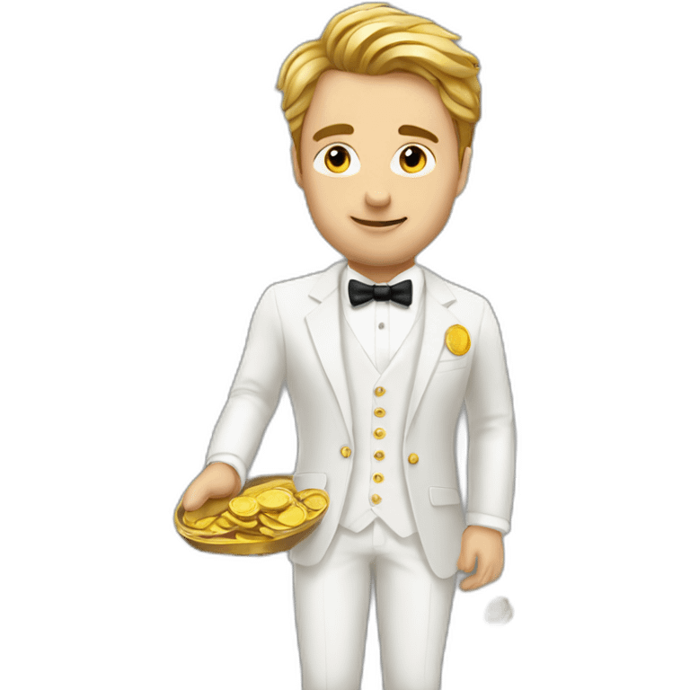 Posh-man-with-white-suit-holding-golden-coins emoji