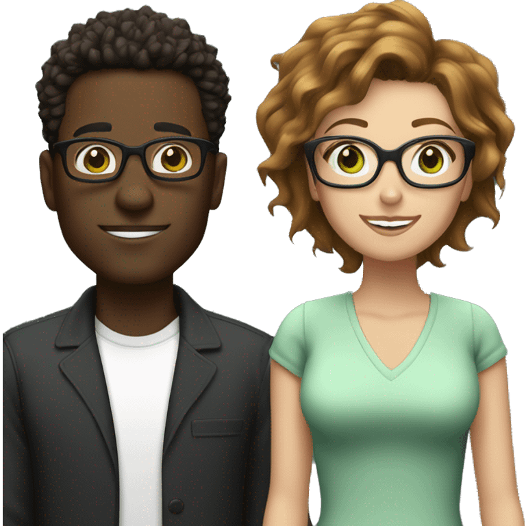 black male with spikey hair and glasses and white female with brown wavy hair , green eyes and glasses emoji